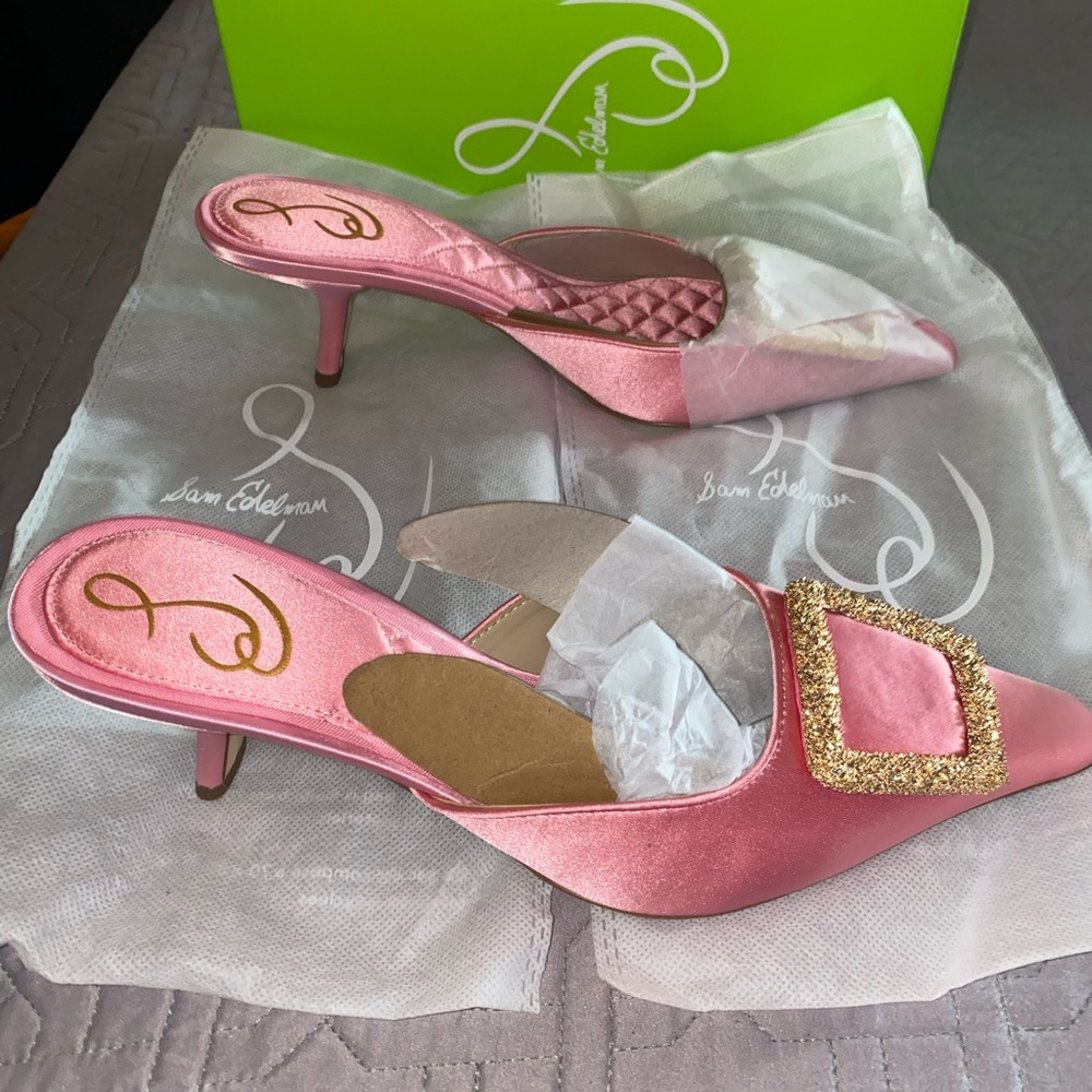 Sam Edelman Pink Heeled Mules with Sparkling Buckle - Picture 8 of 8